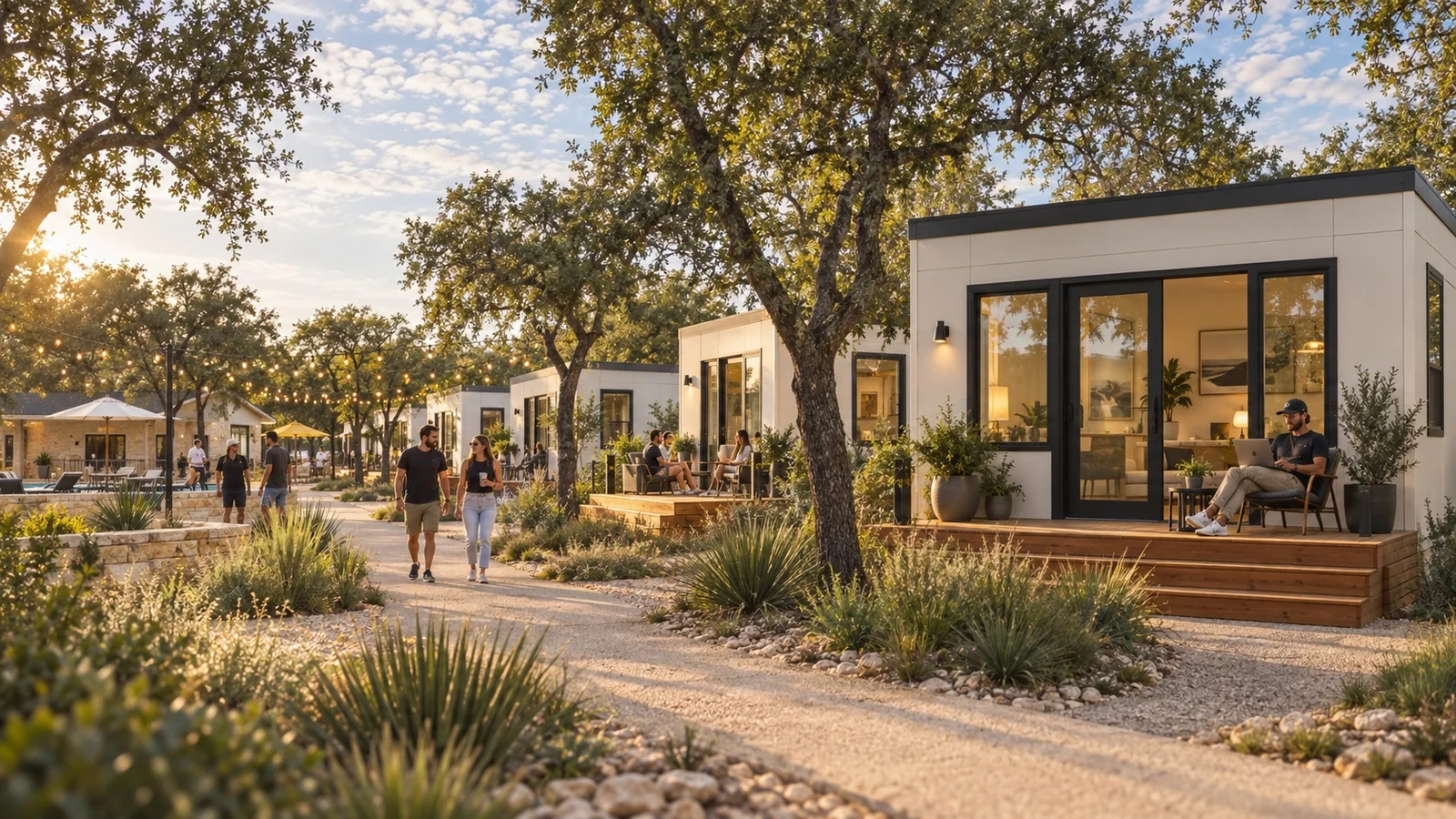 Generated architectural concept of creators beside compact modular homes, cedar porches and shared paths under Texas oak trees.