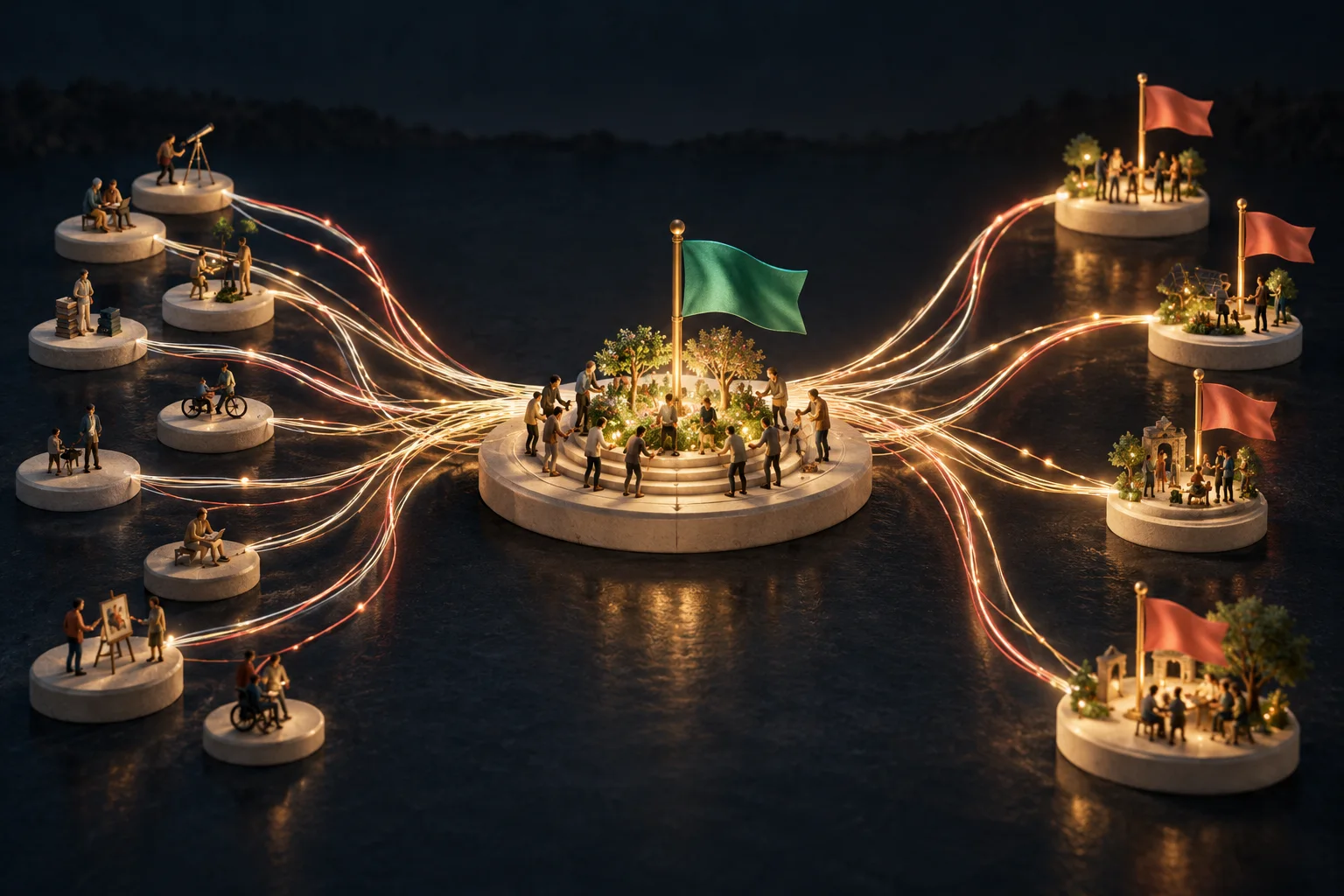 Streams of light connect separate groups to a completed green flag, then branch toward new red flags.