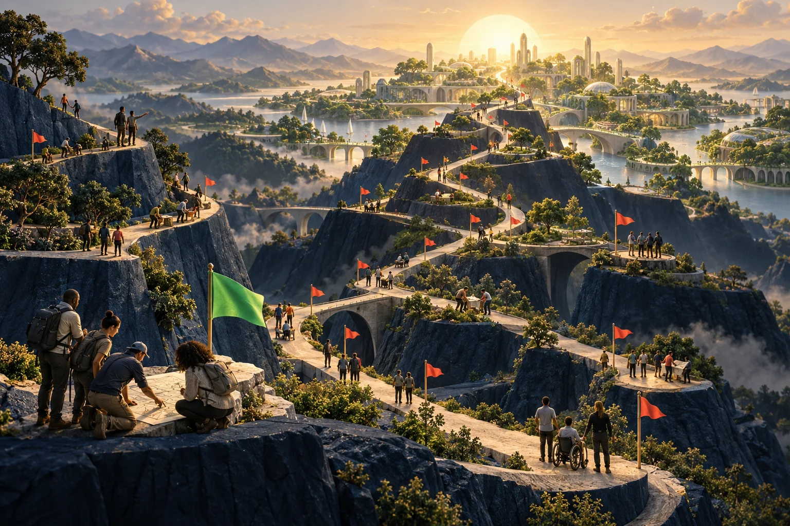 People build connected paths past red flags toward a sunlit city, with a green flag marking one completed step.
