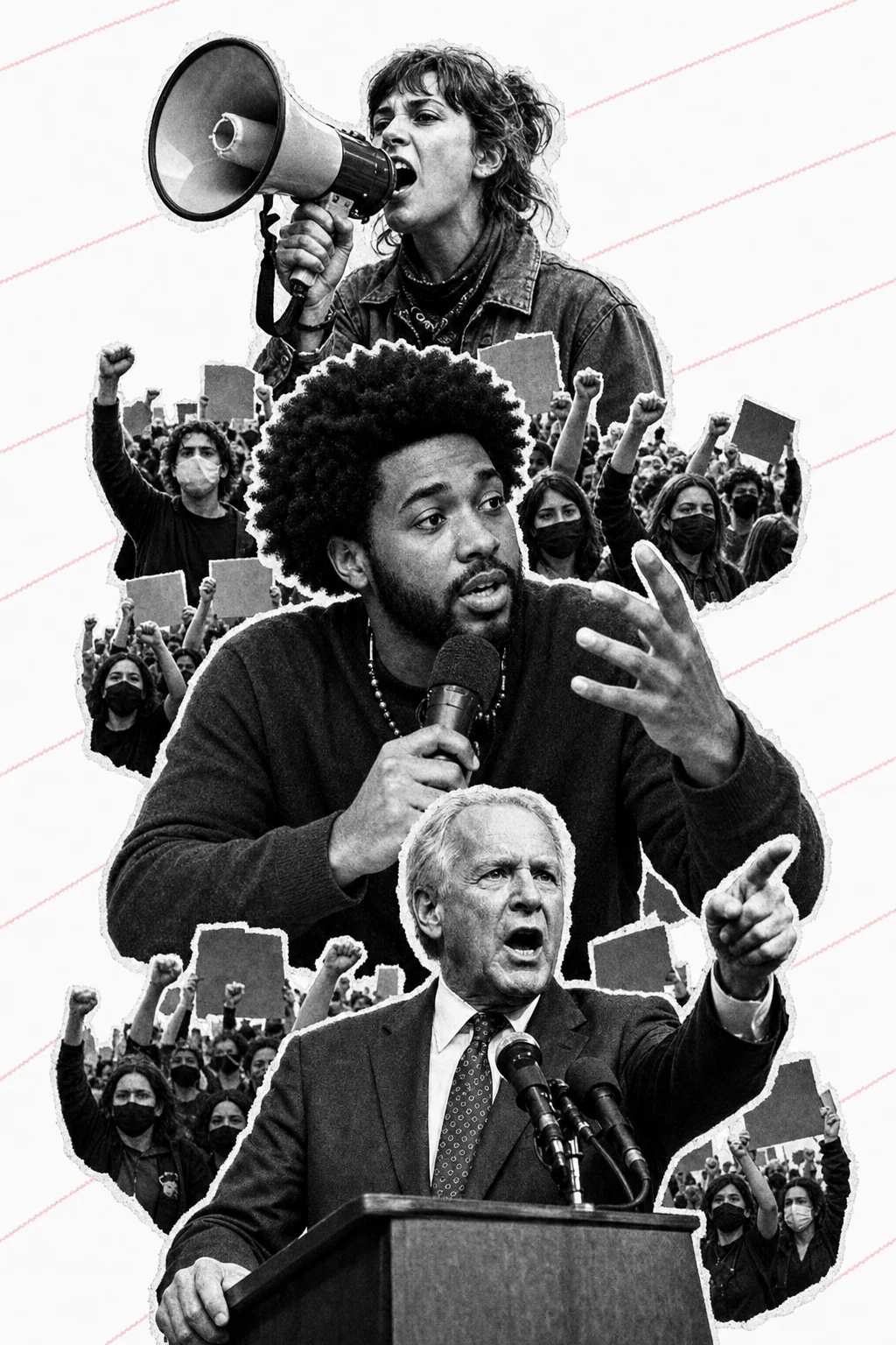 Political photomontage: activist with megaphone, podcaster with mic, and politician speaking — vertical cut-out poster style