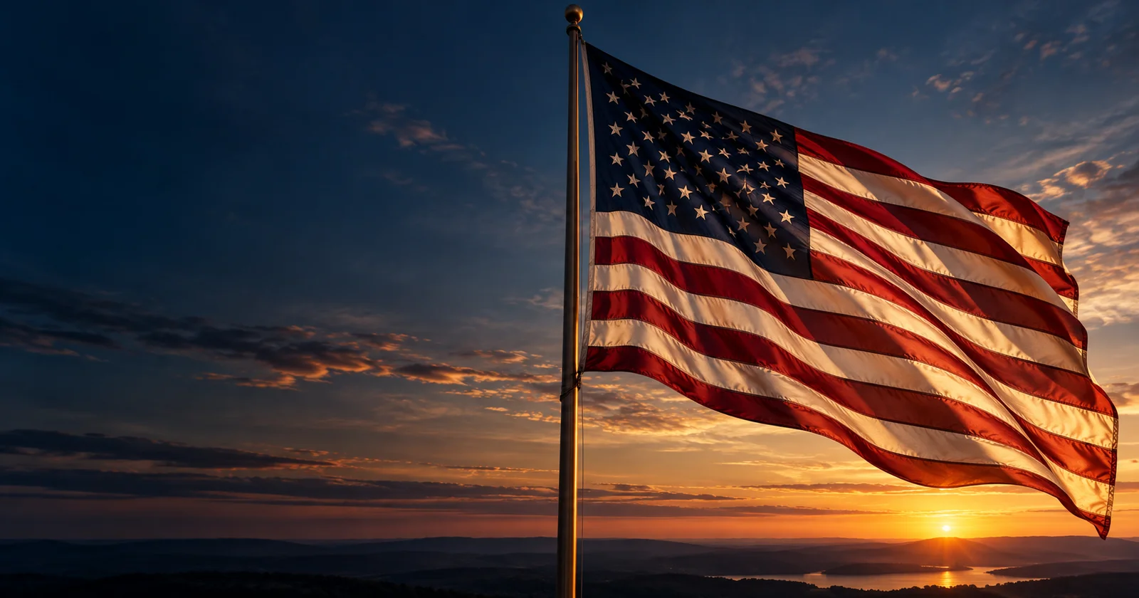 Illustrative American flag catching warm evening light against a navy sky