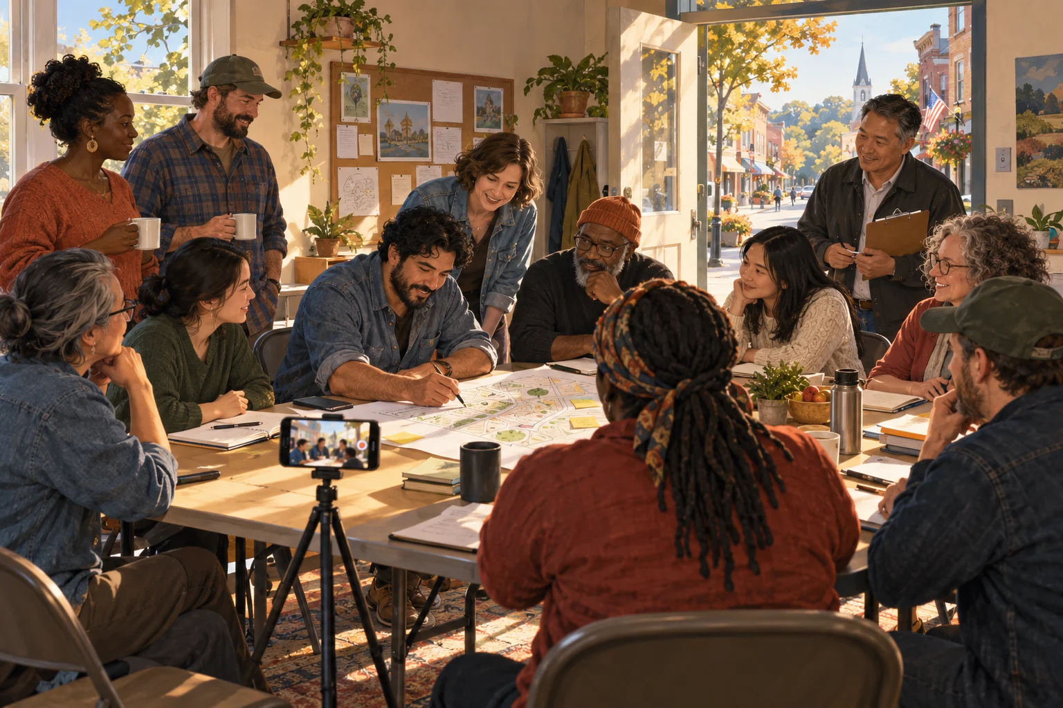 Illustration of an imagined neighborhood team working in a community room